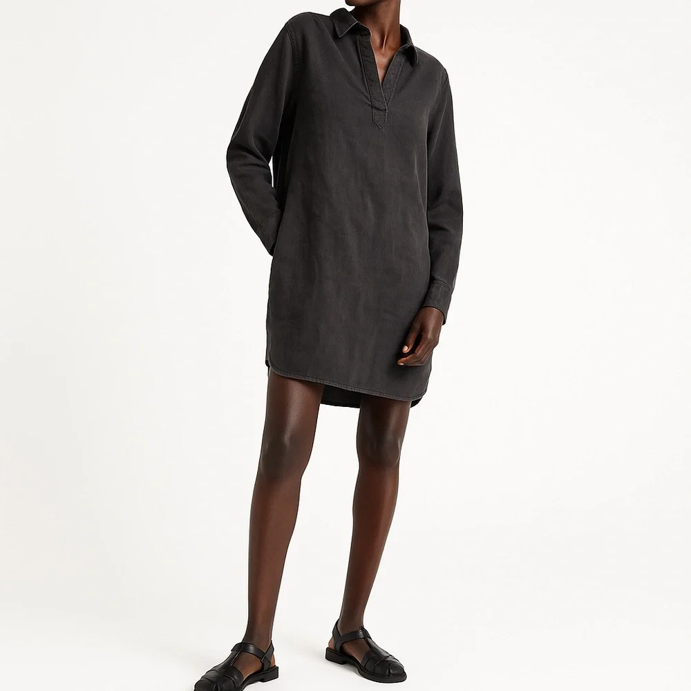 NWT Quince Black Vintage Wash Tencel Tab Sleeve Tunic Shirt Dress XS Lightweight - Picture 2 of 6
